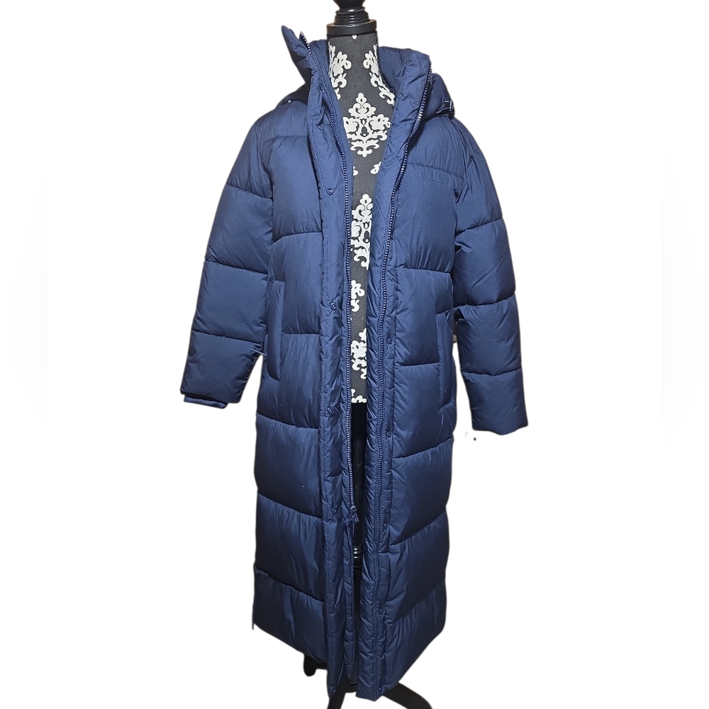 Champion Womens Water Resistant Hooded Puffer Navy Blue Long Filled Jacket XS